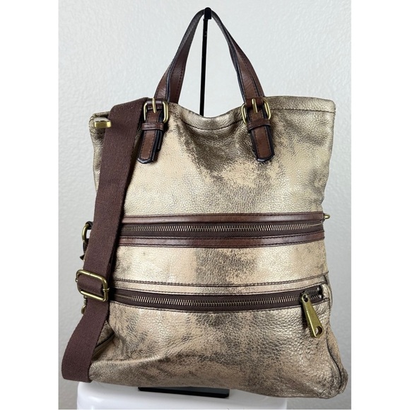 Fossil Explorer Distressed Metallic Gold Fold Over Covetable Tote - Picture 2 of 13